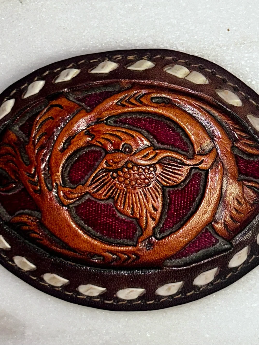 Vintage ~Hand-Tooled Brown Floral Leather Backstitching Belt Buckle W/Red Inlay